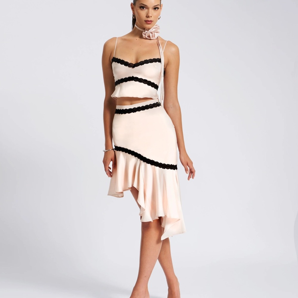 Elegant Cream and Black Women's Satin Skirt Set